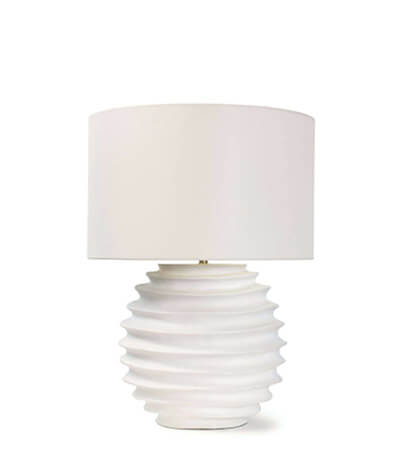 White lamp with waving ring like textures going up to the bulb